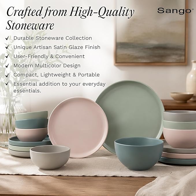 Sango 16-Piece Stoneware Dinnerware Set for 4, Satin Glazed Plates and Bowls Sets with Matte Finish, Ceramic Dish Set, Durable Kitchen Dishes, Microwave & Dishwasher Safe Dining, Rollo Artist's Blend