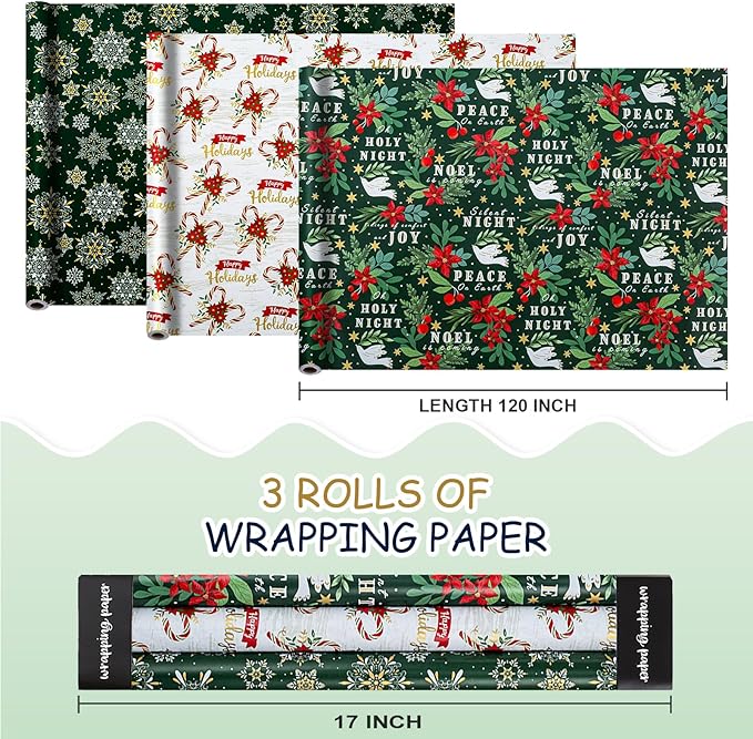 MAYPLUSS Green Christmas Wrapping Paper - 17In x 120In Per Roll - Elegant Gold Red Poinsettia, Vintage Snowflake, Peaceful Dove & Olive Branch in Flight Winter Gift Wrap for Christmas, Holiday, Party