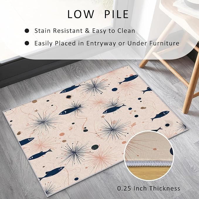 Mid Century Modern Rug Square 8x8 Starburst Atomic Fish Retro Pattern Area Rugs for Living Room, Bedroom, Mid Century Modern Home Decor Accessories Indoor Carpet, Non Slip & Machine Washable