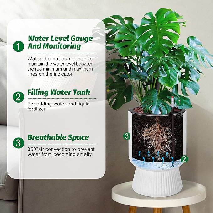 14.2" Tall Planters Set of 2, Plant Pots, Self Watering Pots for Indoor Plants, Flower Pots With Built-In Drainage and a Water Level Monitor, for Patio, Porch, Living Room, or Office, Marble White