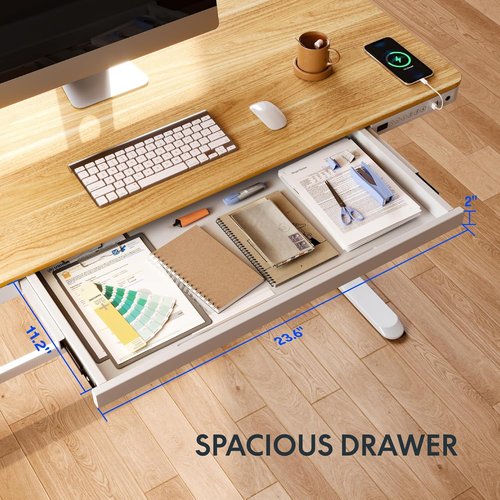 FLEXISPOT Electric Standing Desk - Adjustable Height with Drawer Storage & USB Ports | Natural Desktop & White Frame