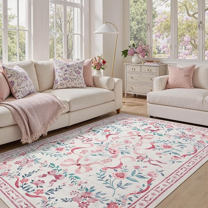 DCX Washable 8x10 Bow Rug, Pink Floral Rug for Girls’ Bedroom, Cute Soft Low Pile Indoor Décor Carpet, Kid & Pet Friendly Nursery Rug for Living Room, Dorm, Playroom