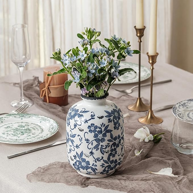 Blue and White Vintage Vase, Ceramic Chinoiserie Floral Vases, Round Farmhouse Rustic Large Flower Vase for Home Decor, Living Room, Office, Bookshelf, Grand Millennial Chinoiserie Decor 7.7 Inch