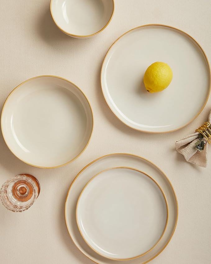 Pokini Plates and Bowls Sets for Family of 6, Ceramic Dinnerware Sets, Kitchen Dish Set, Microwave & Dishwasher Safe Dishware, Highly Durable Reactive Glazed Dinner Set, Yellow White