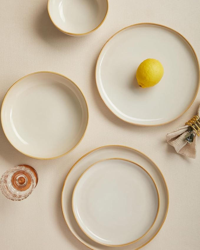 Pokini 32 Piece Dinnerware Set for 8 with Pasta Bowls, Yellow White Reactive Glaze Stoneware | All‑in‑One Host Set for Entertaining, Holiday Meals, Multi‑Course Dish Set | Unique Irregular Look