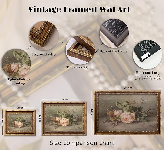 Vintage Gold Framed Flower Still Life Wall Art Retro Rose and Wildflower Wall Decor Pink Floral Print artwork Farmhouse Country Flower painting Picture for Gallery Kitchen Living Room Bedroom 9X11in