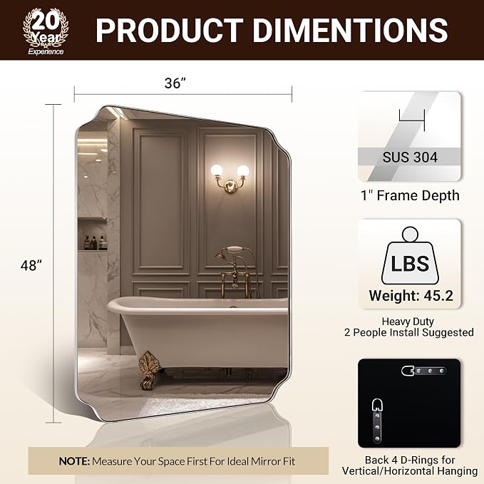 ANDY STAR 36x48 Inch Chrome Mirror, Large Polished Nickel Rectangle Mirror, Scalloped Bathroom Mirror in Anti-Rust Stainless Steel Frame Deep 1’’, Rounded Notched Corner, Vertically/Horizontally