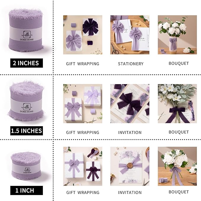 DORIS HOME Pastle Purple Chiffon Ribbon for Flower Bouquet, 1" x21Yd Fabric Ribbon for Gift Wrapping, Handmade Frayed Ribbon for Wedding Invitations/Christmas Decorations