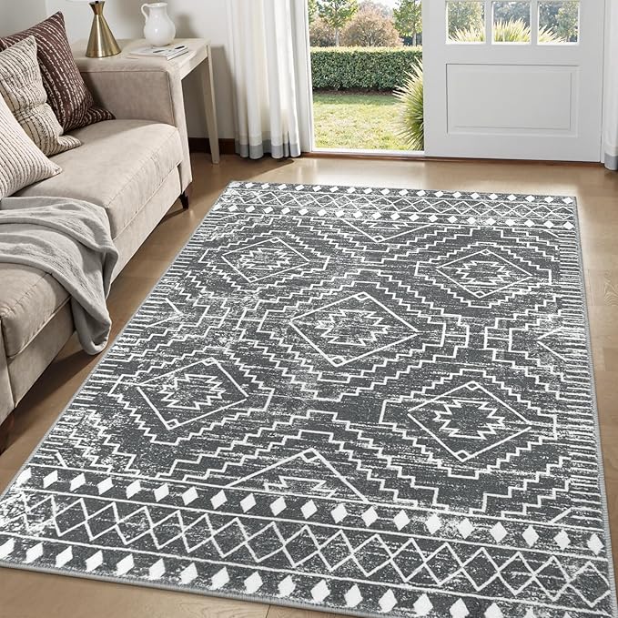 Wonnitar Moroccan 5x7 Washable Rug, Large Grey Area Rug for Living Room, Non-Slip Boho Bedroom Carpet Thin Soft Non-Shedding Farmhouse Rug for Dining Room Table Kitchen Home Office (Dark Grey,5'x7')
