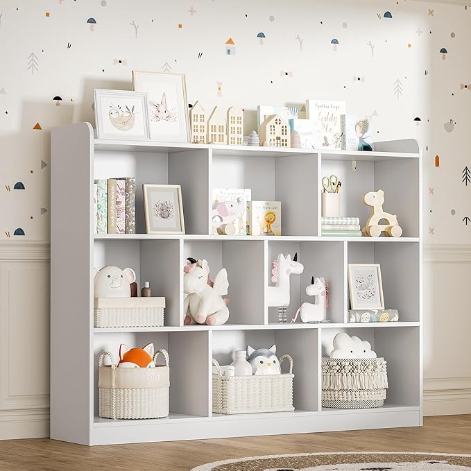 White Bookshelf, Wood Bookcase with 3 Tier Open Shelves, 10-Cube Minimalist Storage Shelf for Living Room, Bedroom, 43.3" W x 35.4" H