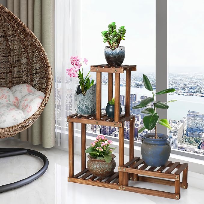 Wood Plant Stand Indoor Outdoor 4 Tiers Plant Rack Corner Planter Shelf Flower Pot Holder for Living Room Garden Patio Yard Porch (Space Saving,27.6”,Small)