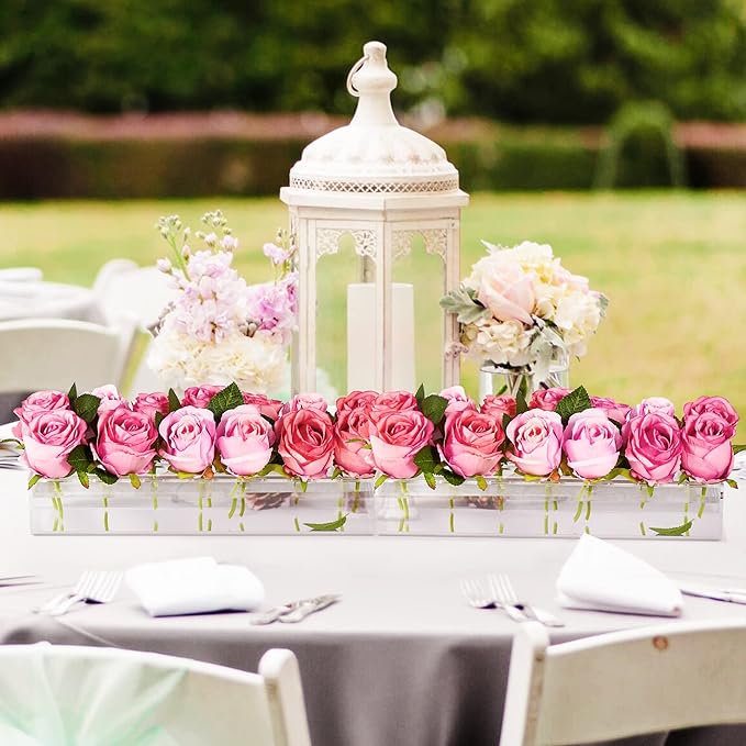 2 Pieces Acrylic Flower Vase Rectangular - Clear Floral Centerpiece for Dining Table Each 14 Inches, Connect to Form 28 Inches Long Rectangle Acrylic Vase for Home Wedding Dining Table Decor