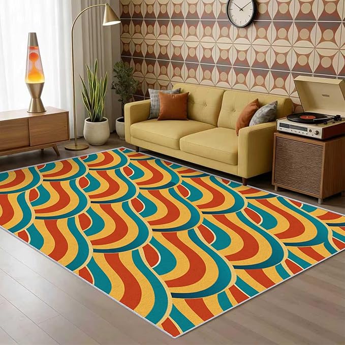 70s Rug 7x9 Retro Abtract Groovy Stripes Pattern Area Rugs for Living Room, Bedroom, 70s Home Decor Accessories Indoor Carpet, Non Slip & Machine Washable, GD0370