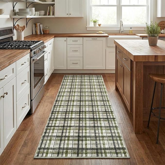 2x10 Runner Rug Bathroom Rugs Non Slip Machine Washable Hallway Rug Modern Soft Non-Shedding Kitchen Runners for Bathroom Bedroom Entryway Nursery, Green&Taupe