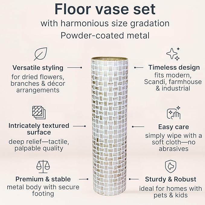 Leewadee Gold Tall Floor Vase, Set of 2 Decorative 24/19″ Large Gold Vases from Metal for Home Decor Living Room, Style with Pampas Grass for Modern, Vintage, Rustic or Farmhouse Room Decor