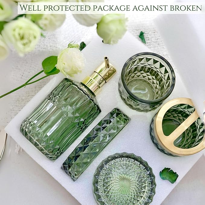 LaMarriti Green Bathroom Accessories Set, 6 Pcs Clear Glass Bathroom Set, Soap Dispenser, Soap Dish, Toothbrush Holder, Tumbler, Q-Tips Holder for Vintage Crystal Bathroom Decor, Gift Set