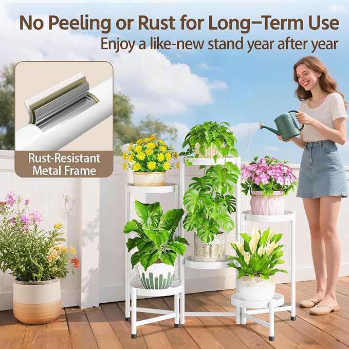 LASZOLA 6 Tiered Folding Plant Stand Indoor for Multiple Large Planter, Tall Heavy Duty Adjustable Rack with Rust Proof 10 Inch Wide Tray, Sturdy Vertical Tree Organizer for Narrow Inside Floor, White