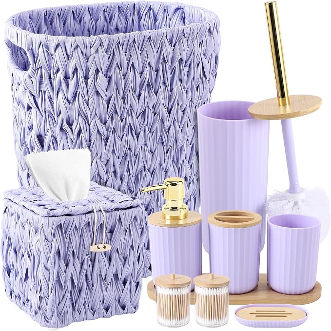 Bathroom Accessory Set, 10 Pieces Bath Set- Wicker Trash Can Tissue Box Soap Dish Toothbrush Holder Rinse Cup Lotion Bottle Toilet Brush Qtip Holder - Practical Bathroom Decor Sets (Purple, Bath Set)