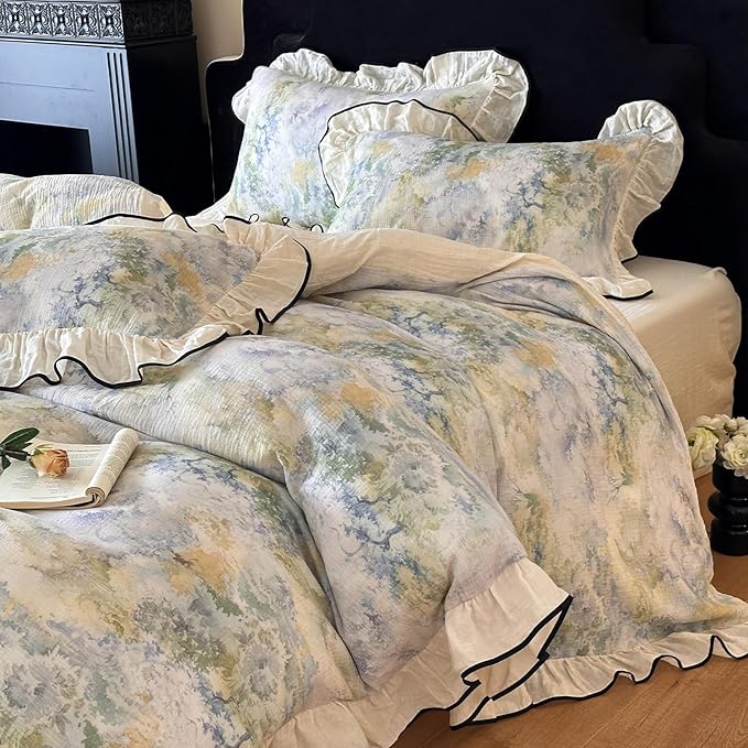 VM VOUGEMARKET Romantic Ruffle Duvet Cover Queen Breathable Muslin Cotton Wash Painting Style Duvet Cover Soft Linen Like Gauze Bedding Set-Queen Size