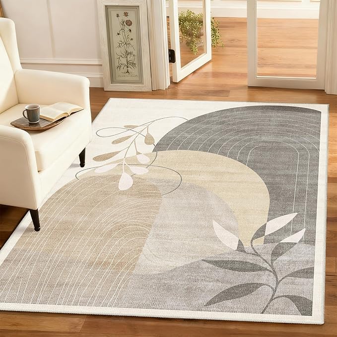 MUJOO 3x5 Washable Rugs,Boho Large Area Rug for Entryway Kitchen Entry Bedroom Bedside Foyer,Small Throw Carpet Indoor Non Slip Mid Century Modern Abstract Botanical Geometric Accent Neutral Beige