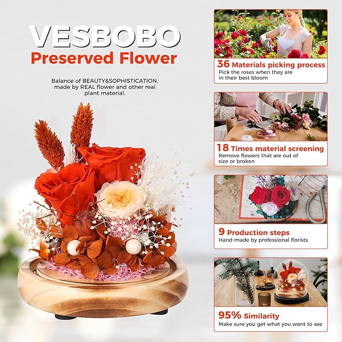 Preserved Flowers Bouquets Unique Rose Preserved Flower Gifts in Glass Dome for Women,Wife, Grandma Suitable for Birthday, Mother’s Day, Valentine’s Day, Anniversary, Christmas