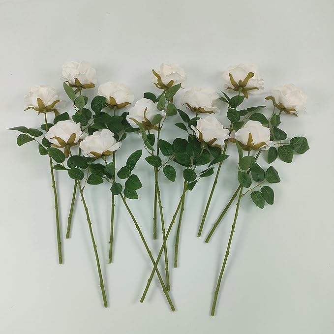 ATFL Fake White Roses Artificial Flowers Bulk,Floral Diameter 4'',20 Pcs Artificial Silk Roses Flowers with Stems for Wedding Arrangement Centerpieces Party Home Table Decorations (20, White)
