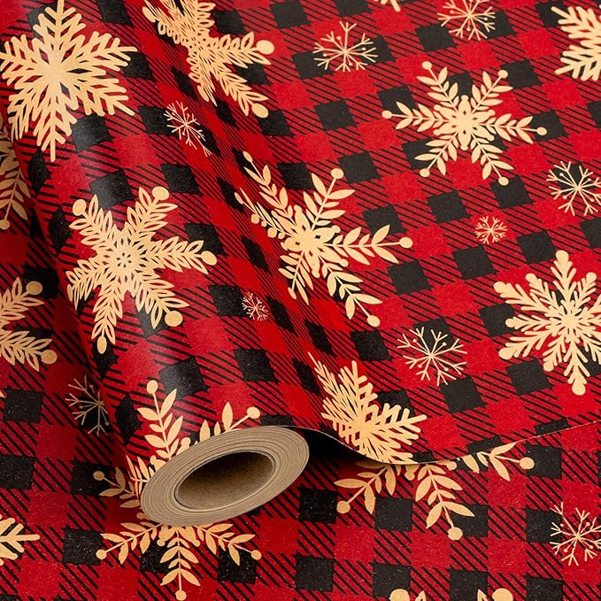 MAYPLUSS Kraft Christmas Wrapping Paper Roll - 17 Inch X 33 Feet - Recyclable Snowflake on Red Buffalo Plaid Kraft Birthday Winter Holiday Gift Wrap Sheet for Party DIY Craft Festive Decoration