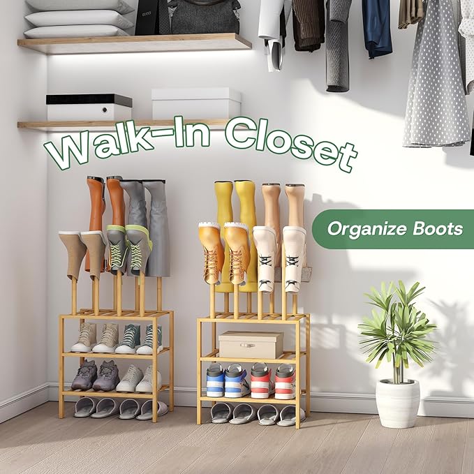 kiplant Small Boot Rack Organizer Tall Boots- 4 Pair Boot Rack Bamboo Wood Shoe Rack for Entryway & Closet, Holds Tall Boots