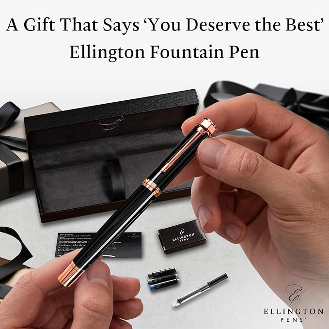 Ellington Pens Luxury Fountain Pen Set - Smooth Fine Nib- Includes 3 Ink Cartridges, Refillable Ink Converter, Gift Box- Fountain Pens For Writing, Calligraphy, Journaling, Sketching (Midnight Rose)
