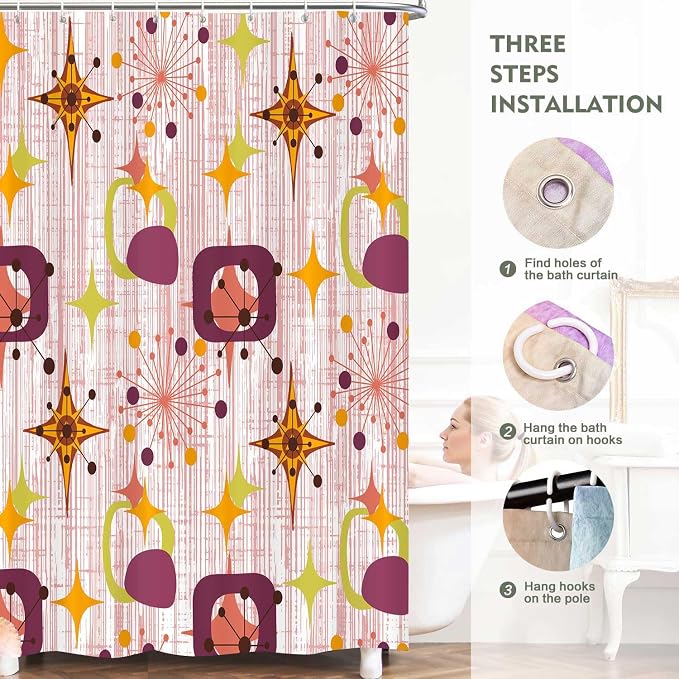 Mid Century Shower Curtain, 72x72inch, Modern Abstract Retro Red Striped Geometric Shower Curtain Sets 1950s Boho Bathroom Shower Curtain with 12 Hooks