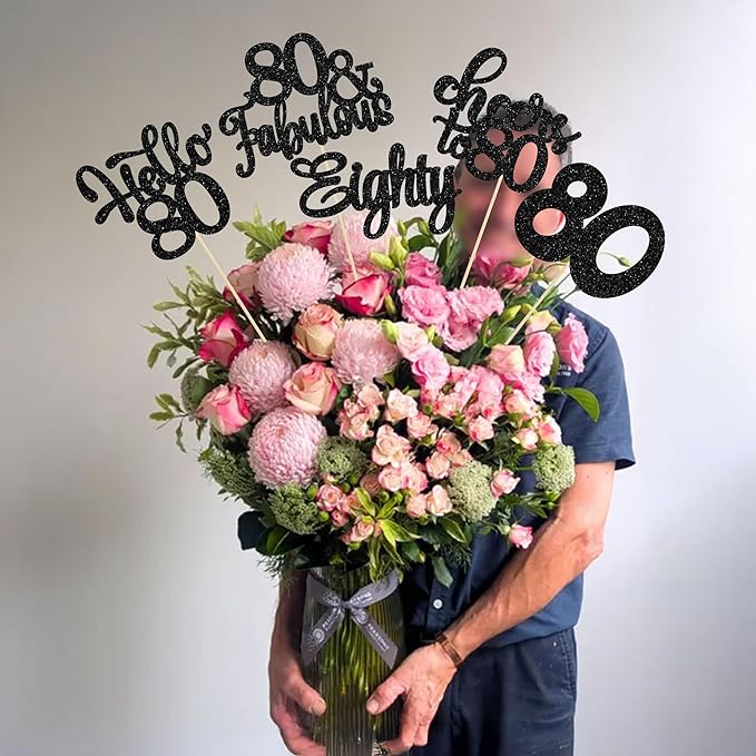 Gyufise 15Pcs 80th Birthday Centerpiece Sticks Eighty Happy 80th Table Flower Centerpieces Sticks Cheers to 80 Floral Decorations for 80th Birthday Party Centerpieces Supplies Black