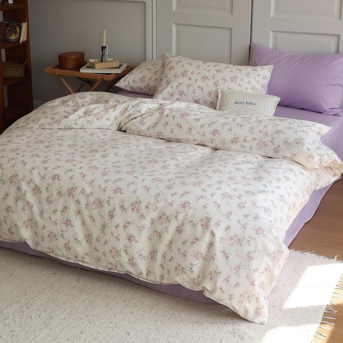 EAVD Garden Purple Pink Floral Duvet Cover Full Soft Cotton Chic Shabby Cute Floral Pattern Bedding Set with 2 Pillowcases Reversible Botanical Floral Comforter Cover with Zipper Closure