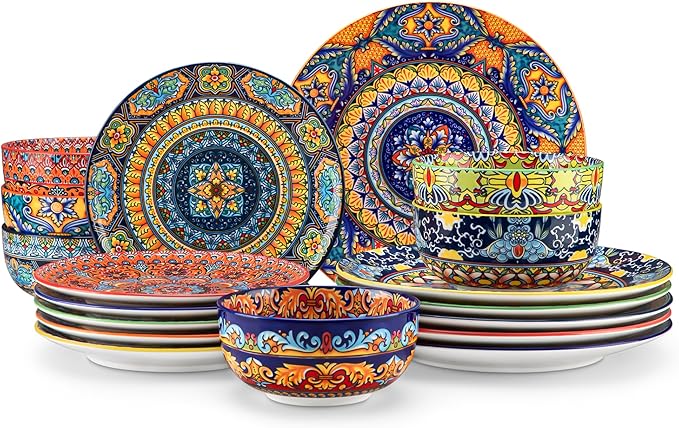 vancasso 18-Piece Dinnerware Sets,Ceramic Plates and Bowls Sets Service for 6, Bohemian Style Porcelain Dishes Set for 6, Microwave and Dishwasher Safe, Scratch Resistant,Non Toxic, Series KRVI