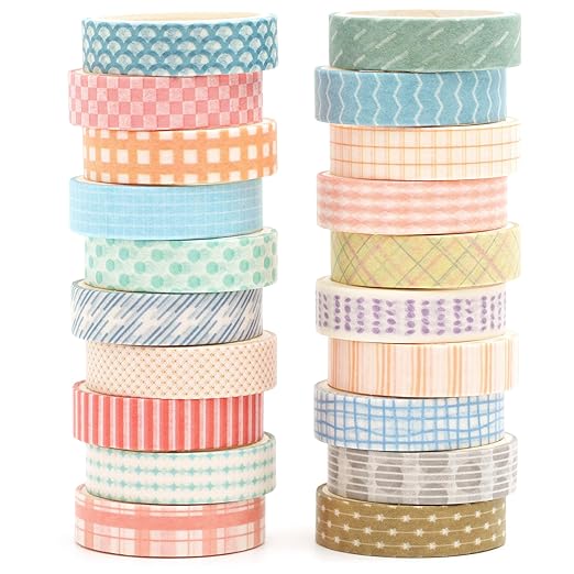 Songdao 20 Rolls Basic Washi Tape Set Japanese Arts Adhesive Tapes Simple Patterns Decorative Masking Tape Sets for Craft, Kids, Scrapbook, DIY, Gift Wrapping (Style One)