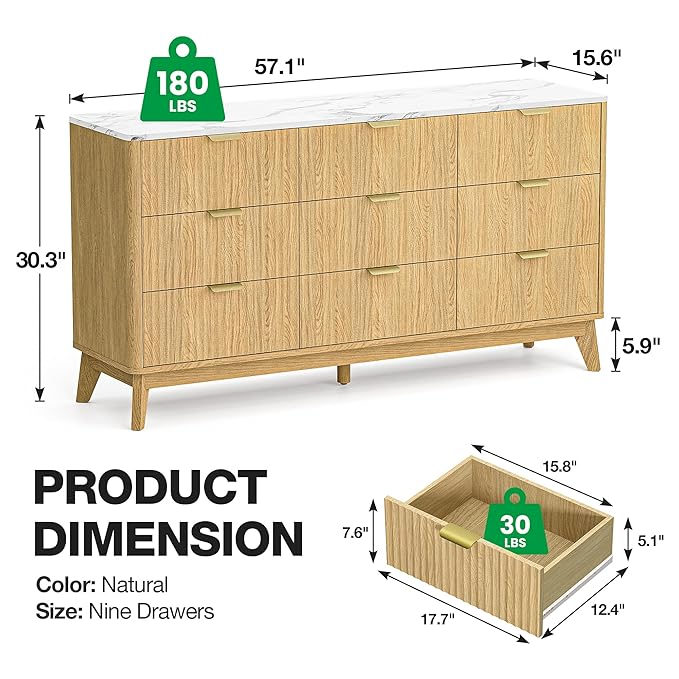 Fluted 9 Drawer Dresser, 57" Wide Chest of Drawers with Faux Marble Top,Modern Dresser TV Stand, Wood Closet Clothes Storage Organizer with Curved Edges for Bedroom, Living Room, Natural
