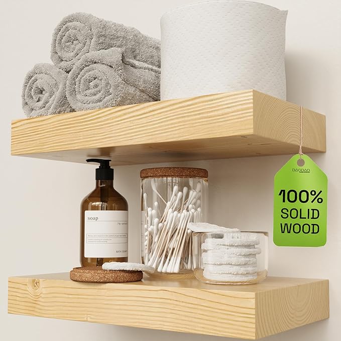 BAOBAB WORKSHOP Solid Wood Floating Shelves for Wall 12 Inch Wide, Small Wooden Shelf Bathroom, Light Oak Floating Shelves for Room Wall Mounted Kitchen Farmhouse, Natural Wood, 12W × 6.7D, Set of 2