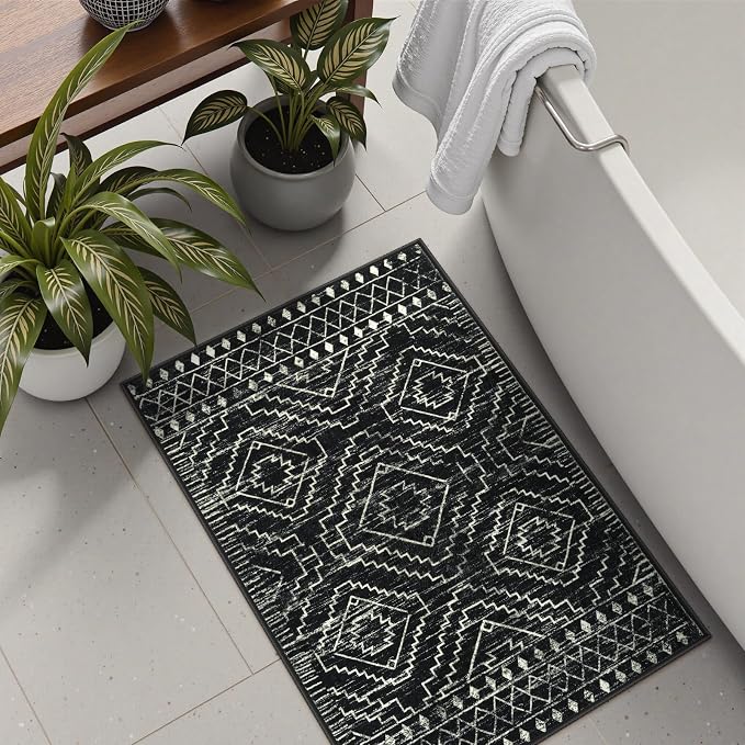 Wonnitar Moroccan Bathroom Rug,Washable 2x3 Small Bath Mat, Boho Tribal Soft Kitchen Sink Mat, Non-Slip Geometric Entry Way Rug, Low-Pile Indoor Carpet for Bedside Entrance Laundry (Black,2'x3')