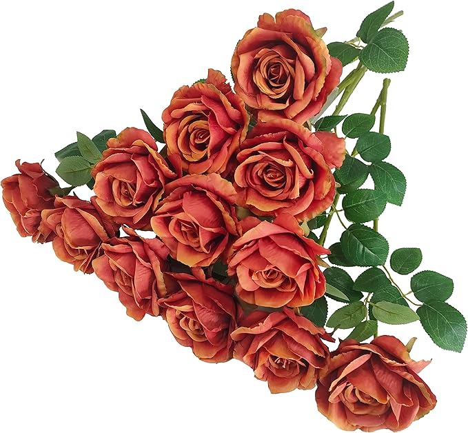 Fake Burnt Orange Roses Artificial Flowers,Floral Diameter 4'',20 Pcs Artificial Silk Roses Flowers with Stems for Wedding Arrangement Centerpieces Party Home Table Decorations (20, burnt orange )