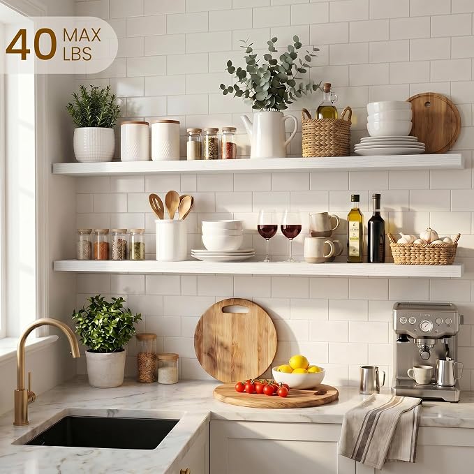 Dreamland Floating Shelves for Wall, Rustic White Floating Shelves for Bathroom|Bedroom|Kitchen, Deep Wall Mounted Book Shelf, Wood Storage Display Shelf for Home Decor, Set of 2