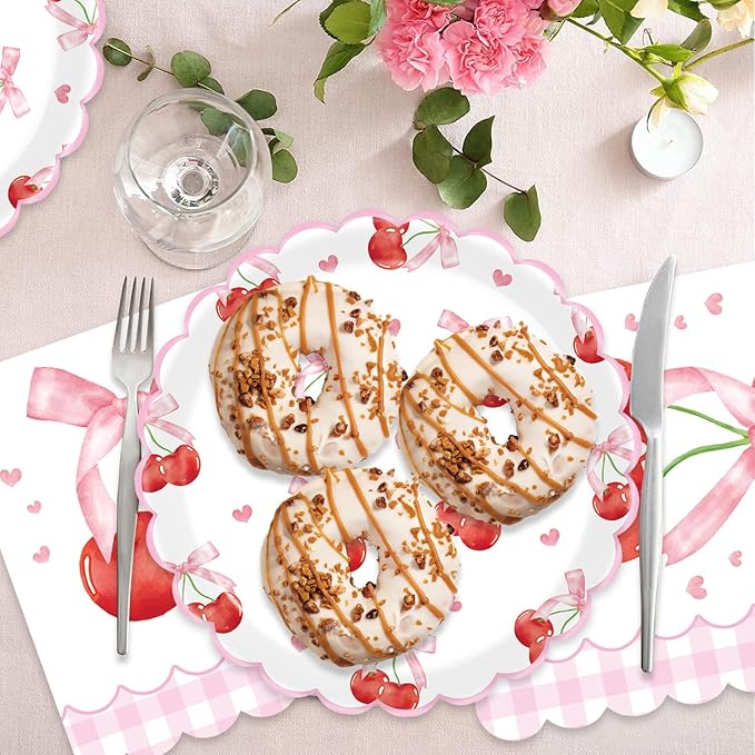 40Pcs Cherry Birthday Decorations Pink Cake Plates and Napkins Set Party Supplies for Baby Shower Favors Pink Bow Birthday Decorations Serve 20