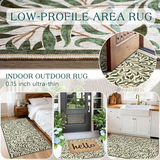 Boho Outdoor Rug - 28" x 43" Front Door Mat Indoor Outside Entrance Non-Slip Washable Outdoor Mat Spring Sage Green Leaf Rug for Entryway Kitchen Bedroom Layered Doormat for Front Porch