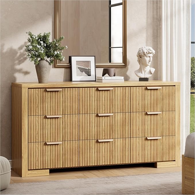 Fluted Dresser for Bedroom, 9 Drawer Dresser with Gold Handle, 57" Wide Chest of Drawers, Modern Wood Dressers Organizer for Bedroom, Liveroom, Entryway, Natural Oak