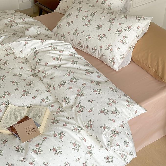 AOJIM Kids Adults Aesthetic Duvet Cover Set for Room Decor, Pure Cotton Comforter Cover Set 3pcs with Red Floral Pattern, 1 Super Soft Quilt Cover Queen Size and 2 Matching Pillowcases, No Comforter