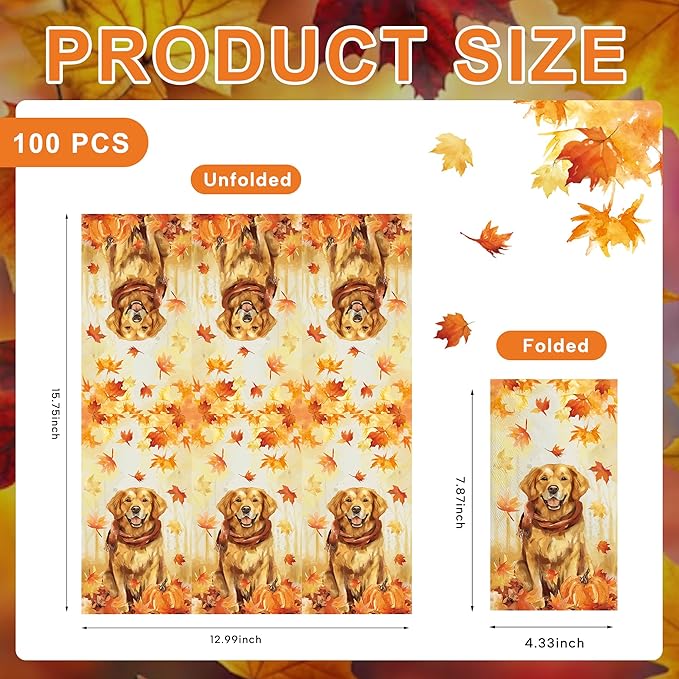 100pcs Maple Leaves Golden Retriever Napkins 3-Ply Thanksgiving Napkins for Decoupage Disposable Guest Hand Towels for Bathroom Home Kitchen Table Harvest Party