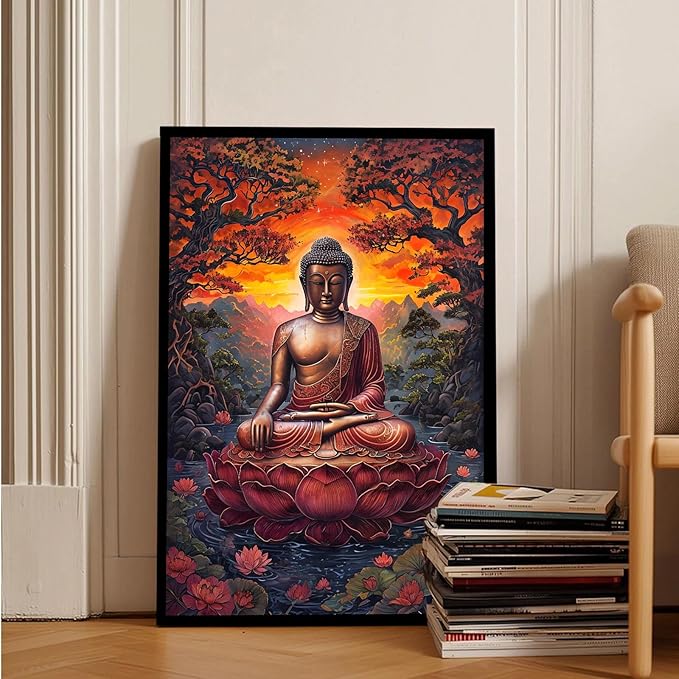 Golden Buddha on lotus seat serene meditation statue amidst lush trees flowing water and sunrise light spiritual home art for a tranquil decor 8x12in Metal blackFramed