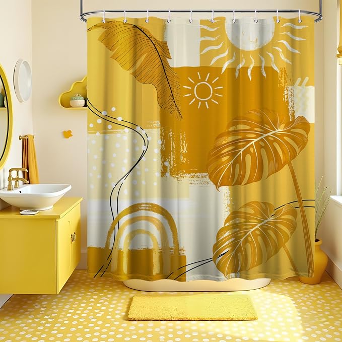 Small Stall Shower Curtain Rv Mustard Yellow Boho, 36 x 72 Inchs | for Camper Stand Up Shower, Modern Pattern Design, Narrow Bathroom Decor Sets Waterproof Cloth Fabric, with Hooks