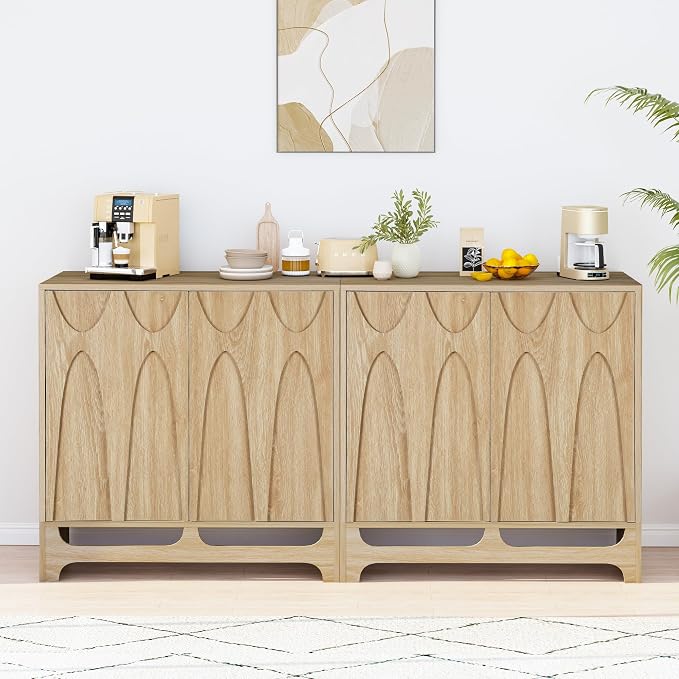 Bifins Sideboard Buffet Cabinet with Storage Set of 2, 63” Mid Century Modern Storage Cabinet with Adjustable Shelf and 4 Doors for Dining Room, Living Room,Entry
