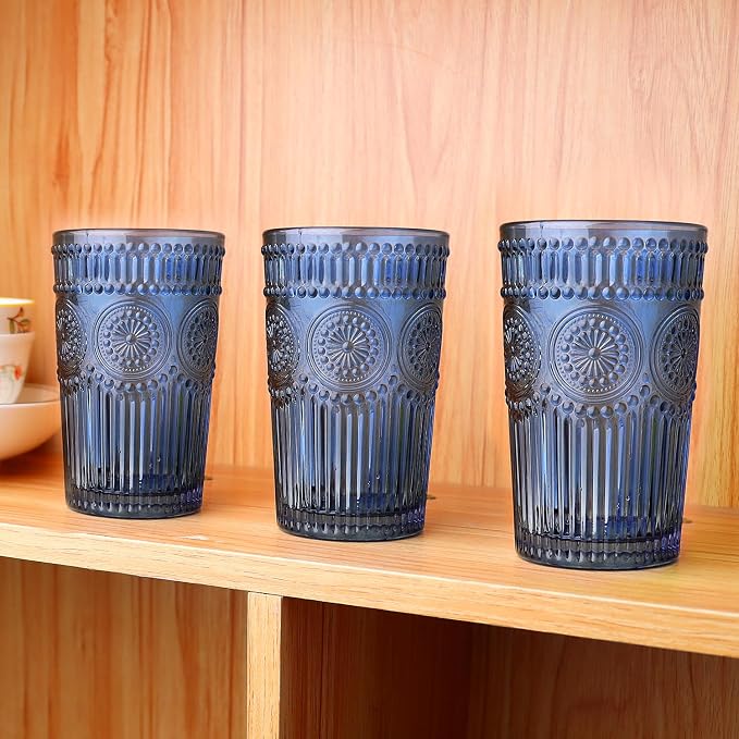 Loivttvv 6pcs Vintage Drinking Glasses Set, 12 oz Blue Highball Glasses, Embossed Ribbed Glassware Cups for Cocktail, Water, Juice, Coffee, Whiskey