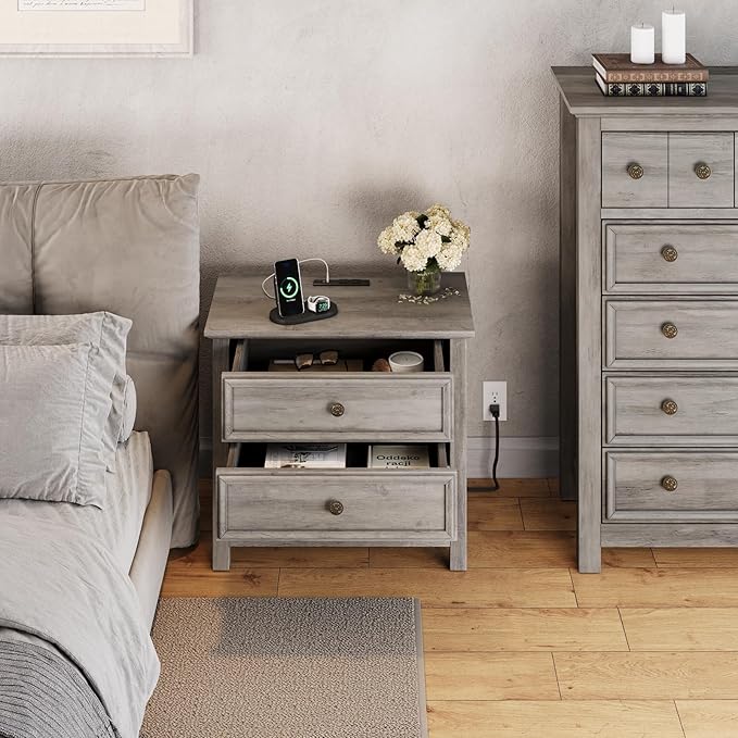 LGHM Large Nightstand with Charger Station, Dressers for Bedroom with 2 Drawers, 25.6" Tall Chest of Drawers Closet Organizers & Storage Clothes -Textured Borders for Living Room, Hallway, Gray