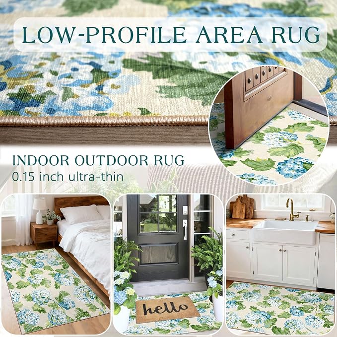 Floral Outdoor Rug - 28" x 43" Front Door Mat Indoor Outside Entrance Non-Slip Washable Outdoor Mat Light Blue Green Flower Rug for Entryway Kitchen Bedroom Layered Doormat for Front Porch